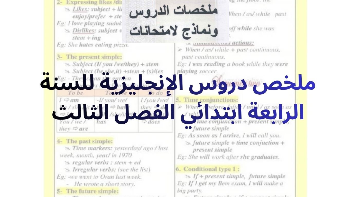 ملخص دروس الإنجليزية للسنة الرابعة ابتدائي الفصل الثالث
